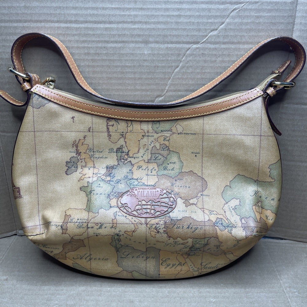 Alviero Martini 1ª Classe Geo Map Hobo Shoulder Bag Made In Italy Brown Purse